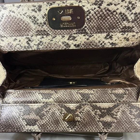 Love Moschino Brown and Cream Wool Snake Doctor Kelly Tote Satchel Bag - Picture 3 of 16